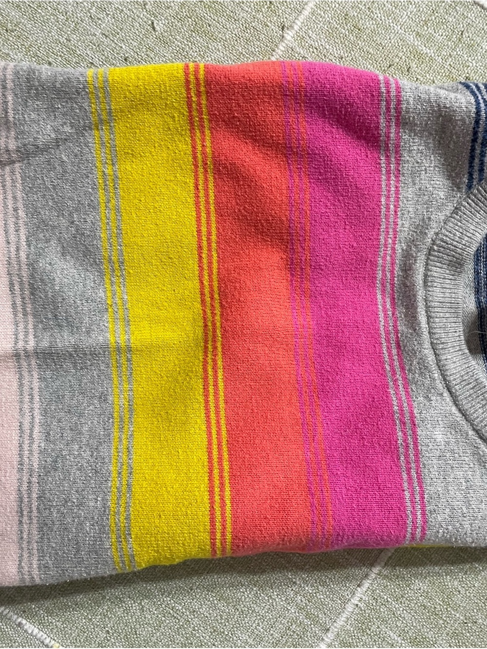 GAP Gray Crewneck Sweater with Yellow, Coral and Pink Stripes